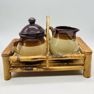 Vintage Stoneware Creamer & Sugar Set In Bamboo Caddy- Taiwan